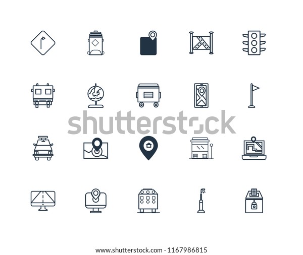 Set Of 20 linear icons such as\
Elections, Street light, Recycling bin, Map, Gps, Traffic lights,\
Placeholder, Police car, Globe, editable stroke vector icon\
pack