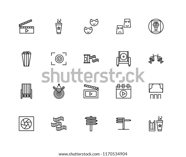 Set Of 20 linear icons such as Ticket, , Film roll,\
Award, Armchair, Movie, Seat, Focus, Theater, editable stroke\
vector icon pack