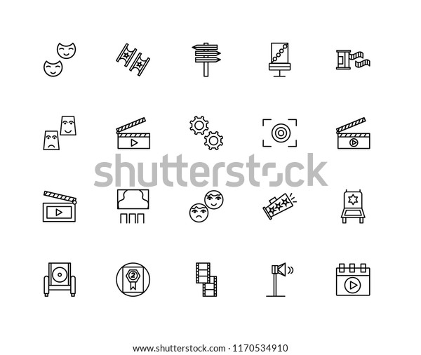 Set Of 20 linear icons such as\
Video player, Speaker, Film reel, Award, Armchair, roll, Focus,\
Theatre, Movie, Clapperboard, , editable stroke vector icon\
pack