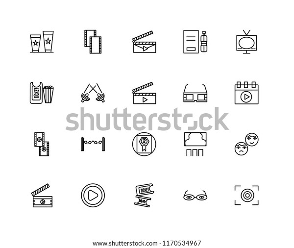 Set Of 20 linear icons such as\
Focus, 3d glasses, Ticket, Video player, Clapperboard, Television,\
Award, Film roll, Spotlight, editable stroke vector icon\
pack