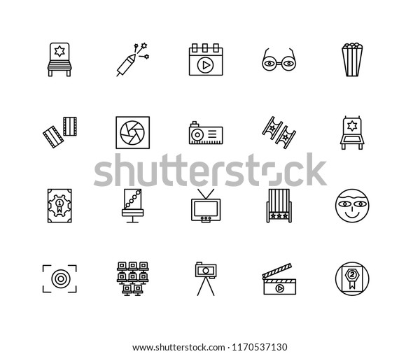Set Of 20 linear icons\
such as Award, Clapperboard, Tripod, Seat, Focus, Popcorn, Ticket,\
Television, Film roll, Video player, editable stroke vector icon\
pack