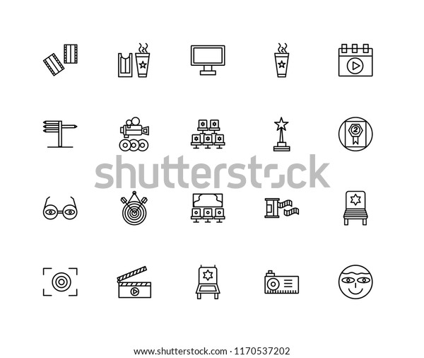 Set Of 20\
linear icons such as Lens, Projector, Director chair, Clapperboard,\
Focus, Video player, Star, Studio, 3d glasses, Monitor, editable\
stroke vector icon pack