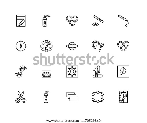 Set Of 20 linear icons such as\
Sketching, Crop, Layer, Airbrush, Scissors, Crayon, Colours,\
Brightness, 3d, Resources, Rgb, editable stroke vector icon\
pack