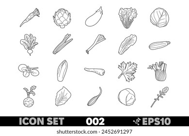 Set of 20 linear icons of various vegetables and greens in black-and-white design. Includes zucchini, parsnips, parsley, fennel, kohlrabi, celery, Swiss chard, radish, and more.