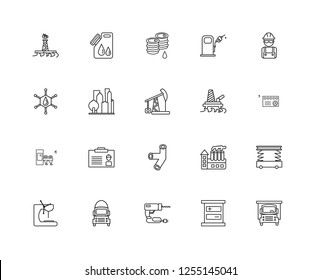 Set Of 20 linear industry icons such as Cargo truck, Switch, Drill, Tank Worker, Oil platform, Pipe, Conveyor, Refinery, Oil, editable stroke vector icon pack