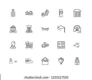 Set Of 20 Linear Insurance Icons Such As Real Estate, Shield, Family, Ship, Military, Container, Hat, Accident, Building, Money, Editable Stroke Vector Icon Pack