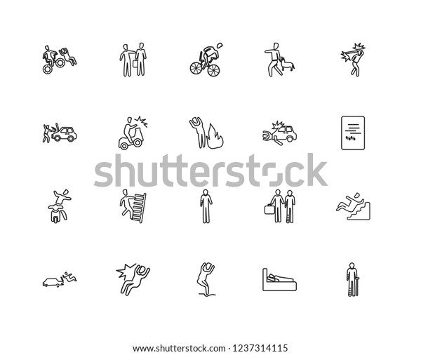 Set\
Of 20 linear insurance icons such as Accident, Document, car Bite,\
Car Insurance agent, editable stroke vector icon\
pack