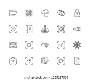 Set Of 20 linear Interface icons such as Files, Refresh, Browser, Navigation, Briefcase, Padlock, Clock, Mute, Open book, Bookmark, Cloud computing, editable stroke vector icon pack