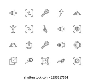 Set Of 20 linear Interface icons such as Disable, Right, Time, Key, Output, Brightness, Volume, Zoom in, Down, out, editable stroke vector icon pack