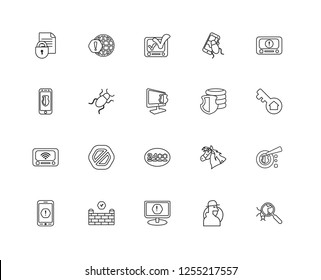 Set Of 20 linear Internet security icons such as Search for Virus, Key, Browser, Smartphone, Worldwide, Trojan, editable stroke vector icon pack