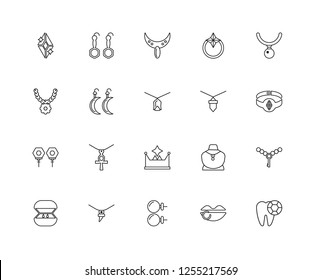 Set Of 20 Linear Jewelry Icons Such As Tooth, Piercing, Pearl, Earring, Pendant, Tiara, Cufflinks, Earrings, Editable Stroke Vector Icon Pack