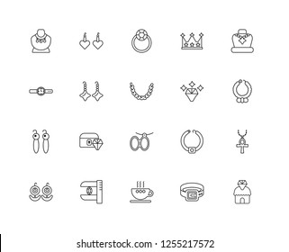 Set Of 20 linear jewelry icons such as Pawn shop, Belt, Cup, Measurement, Earrings, Necklace, Diamond, Brooch, Ring, editable stroke vector icon pack