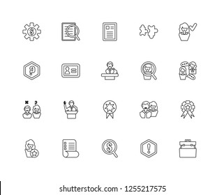 Set Of 20 linear job resume icons such as Portfolio, Warning, Job search, List, Employee, Hiring, Award, Candidates, Id card, Resume, editable stroke vector icon pack