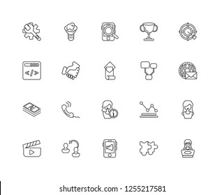Set Of 20 linear job resume icons such as Staff, Puzzle, Marketing, Change personal, Movie, Target, Diagram, Information, Dollar, Handshake, Search, editable stroke vector icon pack