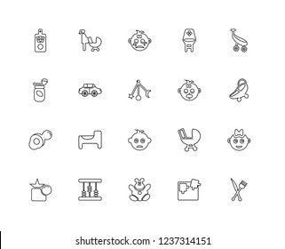 Set Of 20 linear Kids and baby icons such as Cutlery, Puzzle, Teddy bear, Abacus, Shapes, Baby stroller, girl, boy, Pacifier, Car, editable stroke vector icon pack