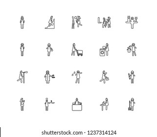 Set Of 20 linear Ladies icons such as Woman Farmer, Buying Dress, Florist Woman, Hair Styler, Baby sitter, Climbing, Going To Work, Doctor, editable stroke vector icon pack