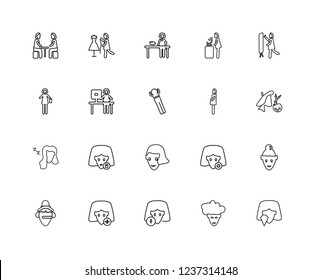 Set Of 20 linear Ladies icons such as Women Beauty, Woman In Art, Make Up, Chemist, with Headphones, Sewing Woman, Working, Accounter editable stroke vector icon pack