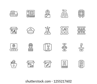 Set Of 20 linear law and justice icons such as Paper, Law book, Evidence, Judge, Save, Hand, Documents, Fingerprint, Police hat, Police, editable stroke vector icon pack