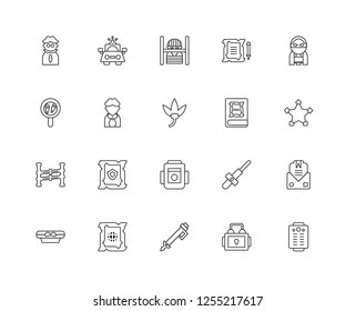 Set Of 20 linear law and justice icons such as Paper, Padlock, Pen, World, Scroll, Thief, Law book, Shield, Police line, Lawyer, Prisoner, editable stroke vector icon pack
