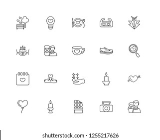 Set Of 20 linear love wedding icons such as Dating, Take a photo, Chocolates, Candles, Heart balloon, Vest, Shoes, Proposal, Date, Couple, Romantic dinner, editable stroke vector icon pack