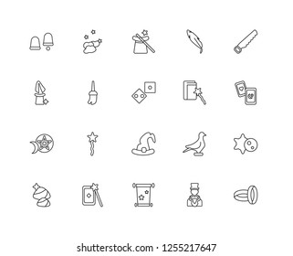 Set Of 20 linear Magic icons such as Ring, Magician, Scroll, Wand, Stone, Saw, Hat, Ritual, Broom, editable stroke vector icon pack
