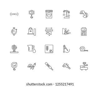 Set Of 20 linear Measurement icons such as Weighing scale, Caliper, Thermometer, Protractor, Scale, Protactor, Ruler, Manometer, Weight, editable stroke vector icon pack