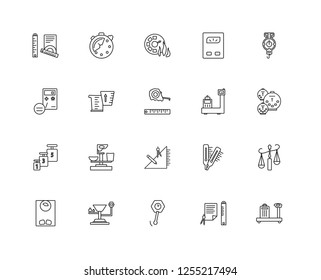 Set Of 20 linear Measurement icons such as Cargo Scale, Ruler, Wall clock, Weight, square, Calibration, Measuring cup, Gauge, editable stroke vector icon pack