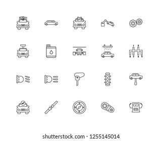 Set Of 20 linear Mechanicons icons such as Driving gear controls, Round Compass, Car Seat Belt, lifter, Bus at a gasoline station, editable stroke vector icon pack