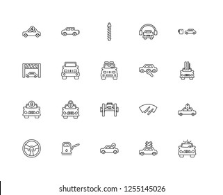 Set Of 20 linear Mechanicons icons such as Pick up truck, Car Repairing, at Gas Station, Gasoline refilling station, Steering Wheel, for sale, Jeep front, editable stroke vector icon pack