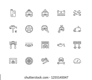 Set Of 20 linear Mechanicons icons such as Police car with Light, Car Wrench, Repair Wrenches, Wheel, Wash Machine, Pistons cross, Cart wheel, editable stroke vector icon pack