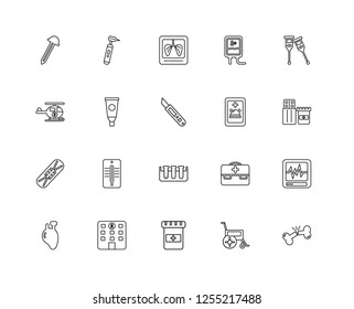 Set Of 20 linear medical icons such as Bone, Wheelchair, Medicine, Hospital, Heart, Crutches, Emergency call, Test tube, Plaster, Ointment, X ray, editable stroke vector icon pack