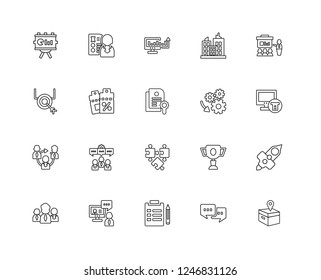 Set Of 20 linear Modern business icons such as Product, Payment, Presentation, Skyscraper, Leadership, Resume, Achievement, Goals, editable stroke vector icon pack