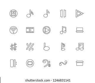 Set Of 20 linear music and media icons such as Whole rest, Half Play, Pause, Repeat, Semiquaver, Sixteenth note, Wifi, editable stroke vector icon pack