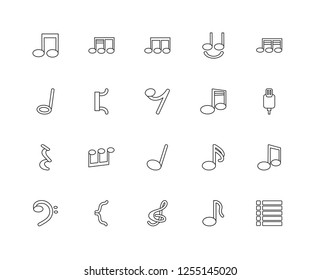 Set Of 20 linear music and media icons such as Dotted barline, Charging Plug, Eighth note, Tie, Bass clef, Sixteenth Half editable stroke vector icon pack