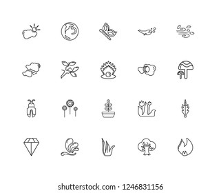 Set Of 20 linear Nature icons such as Fire, Tree, Grass, Waves, Gem, Wind, Moon, Pot, Bug, Branch, Butterfly, editable stroke vector icon pack