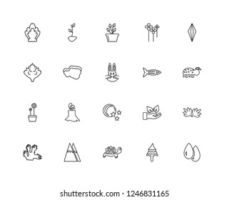 Set Of 20 linear Nature icons such as Water drop, Pine tree, Turtle, Mountains, Cactus, Gemstone, Fish, Night, Flower, Clouds, Plant, editable stroke vector icon pack