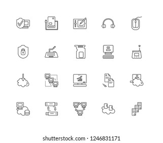 Set Of 20 linear networking icons such as Mainframe, Cloud server, Network, Backup, Hosting, Mouse, Computer, Monitor, Download, Keyboard, Graphic tablet, editable stroke vector icon pack