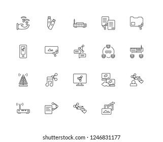 Set Of 20 linear networking icons such as Share, Router, User, File, Chat, Smartphone, Pendrive, editable stroke vector icon pack
