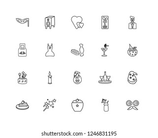 Set Of 20 linear party icons such as Big Speaker, Juice Bottle with Straw, Suit and Tie, Magic Trick, Slice of Cake, Wizard Hat, Party Dress, editable stroke vector icon pack