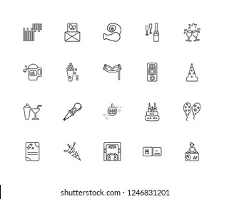 Set Of 20 linear party icons such as DJ, Vip, Confetti, Admission, Toast, Speaker, Ball, Shaker, Popcorn, Whistle, editable stroke vector icon pack