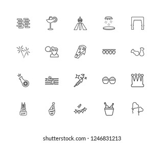 Set Of 20 linear party icons such as Two Heart Shaped Balloons, Candies, Tent, Lights, Sweet Cake, Cocktail, Muffins, Fireworks, editable stroke vector icon pack