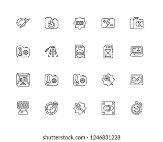 Set Of 20 linear Photography icons such as Timer, Focus, Zoom out, High quality, Flash, Photo camera, Sd card, Temperature, Light box, Tripod, Battery, editable stroke vector icon pack