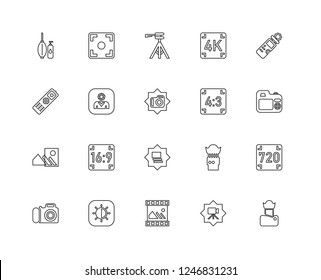 Set Of 20 linear Photography icons such as Lens, Video camera, Picture, Exposure, Photo Light meter, Aspect, Gallery, Blur, User, Tripod, editable stroke vector icon pack