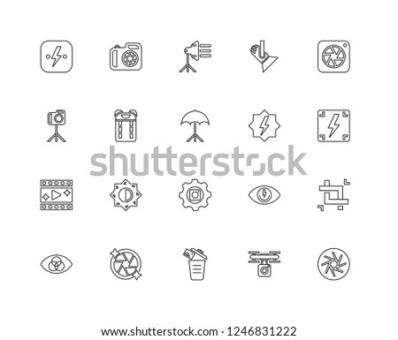 Set Of 20 linear Photography icons such as Aperture, Drone, Delete, Shutter, Rgb, Flash, Settings, Play video, Backpack, Spotlight, editable stroke vector icon pack