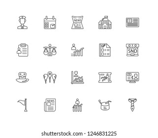 Set Of 20 linear Political icons such as Tie, Pie chart, Bar Newspaper, Flag, United states of america, Ballot, Rating, Top hat, Balance, editable stroke vector icon pack