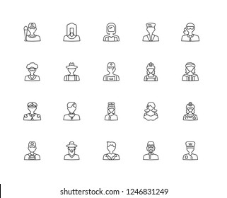 Set Of 20 linear Professions Jobs icons such as Chef, Pilot, Businessman, Rabbi, Delivery man, Bouncer, Builder, Captain, Farmer, Driver, editable stroke vector icon pack