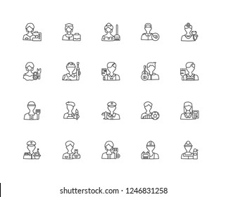 Set Of 20 linear Professions Jobs icons such as Fire extinguisher, Painter, Doctor, Policeman, Captain, Nurse, Football player, Makeup artist