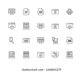Set Of 20 linear programming icons such as Api, Development, Success, Data, Locked, Password, Browser, Binary, Search, Seo, Css file format, editable stroke vector icon pack