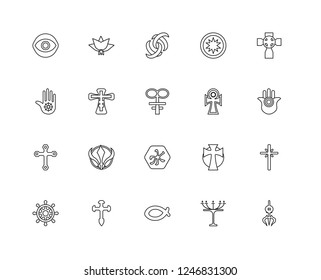 Set Of 20 linear religion icons such as Shiva, Judaism, Christianity, Aaronic Order Church, Buddhism, Celtic Cross, Ankh, Confucianism, Orthodox, Odin, editable stroke vector icon pack
