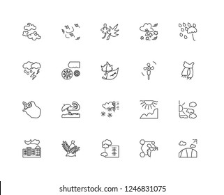 Set Of 20 linear Seasons icons such as Field, Bee, Thermometer, Wheat, Night, Umbrella, Fan, Frost, Crops, Snowflake, Leaf, editable stroke vector icon pack